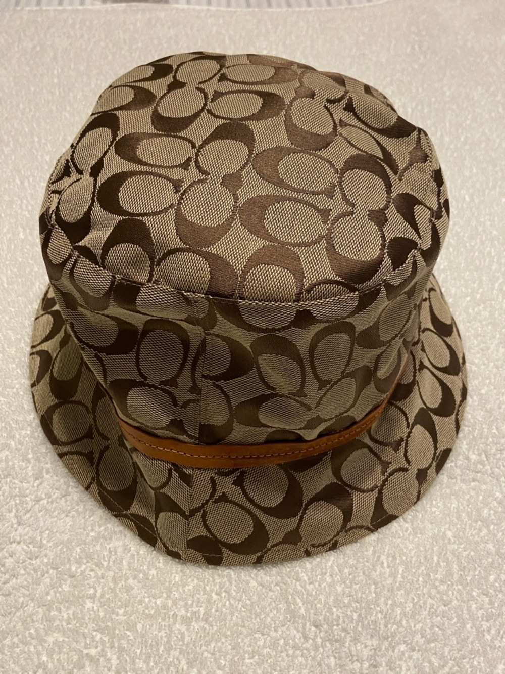 Coach Brown/Tan Signature Monogram Bucket Hat with Leather Trim